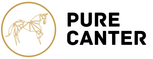 A logo featuring the text "PURE CANTER" in bold, black capital letters. To the left of the text is a geometric, gold-line drawing of a horse inside a gold circular outline. The horse design is characterized by angular, interconnected lines.