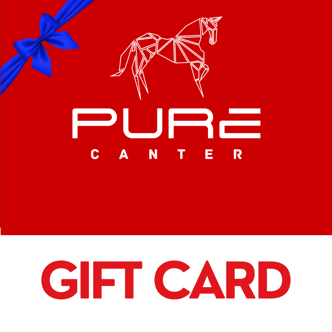 A Pure Canter E-Gift Card with a blue ribbon in the top-left corner. The card features a geometric horse design and the words "PURE CANTER" in white text. Below, "GIFT CARD" is prominently displayed in bold red letters on a white background.